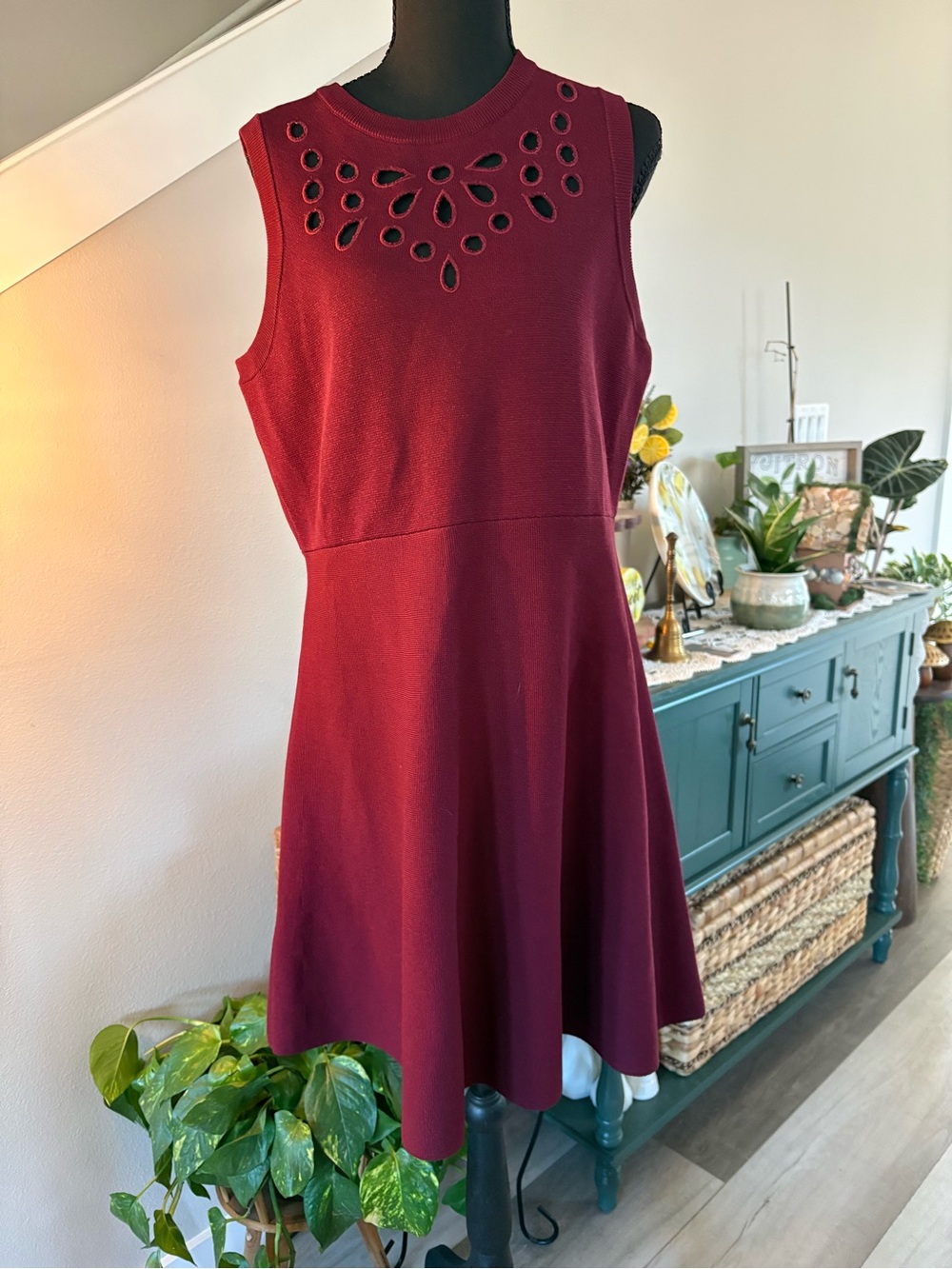 Express Sleeveless Eyelet Neck A-Line Dress in Burgundy